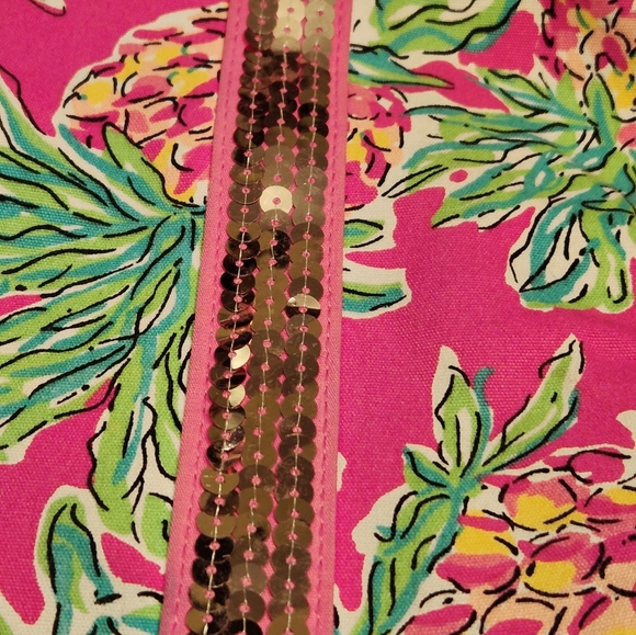 Lilly Pulitzer Tote Bag Sequin Handle Orchard Pink Spike the Punch Pineapples - Picture 2 of 12